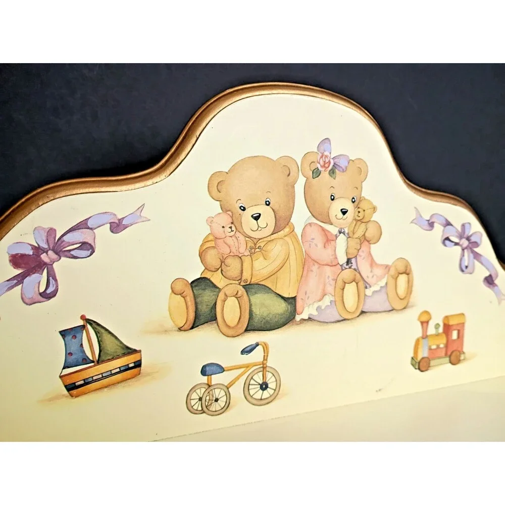 Vintage Wood Nursery Wall Shelf with Hang Pegs Teddy Bears Train Trike Boat
